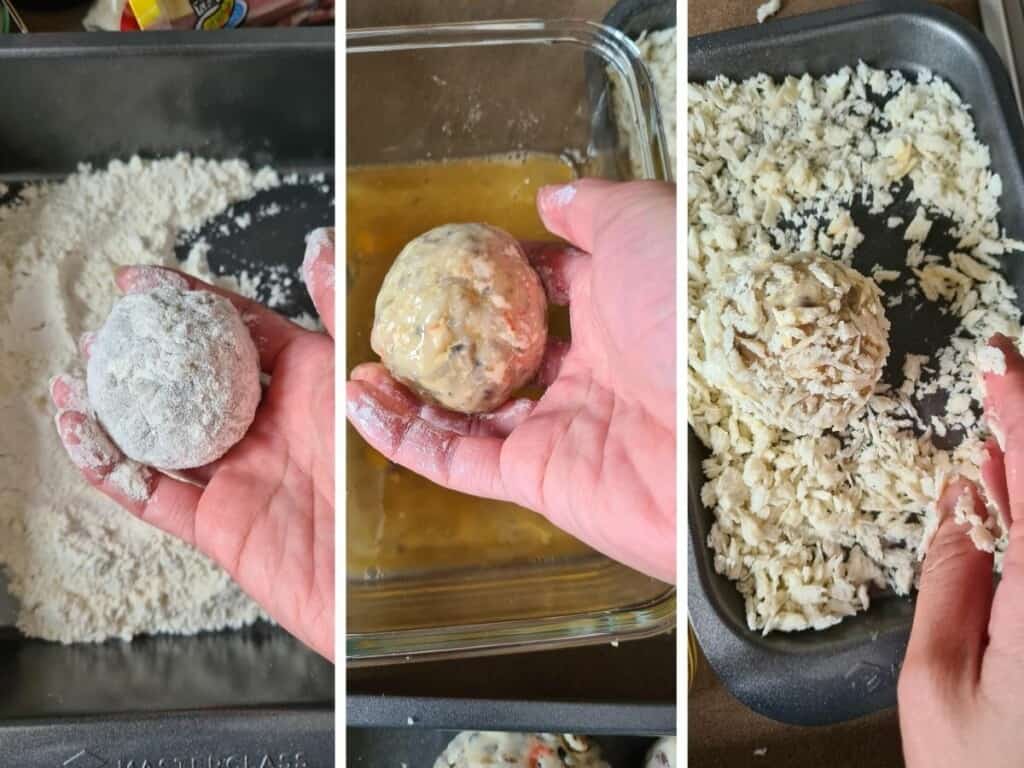 Cover with flour and deep into egg and cover with Panko