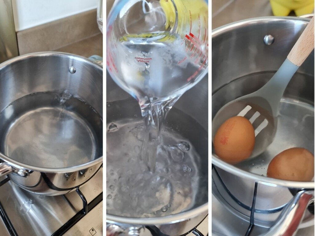 Add the eggs into the 65° water