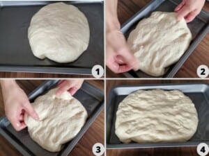 stretch the dough to fit the pan.